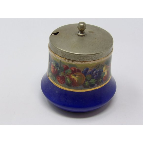 Meir Wade Staffordshire Porcelain Jam Jar Blue with Gold Trim Adorned with Fruit - Picture 4 of 10